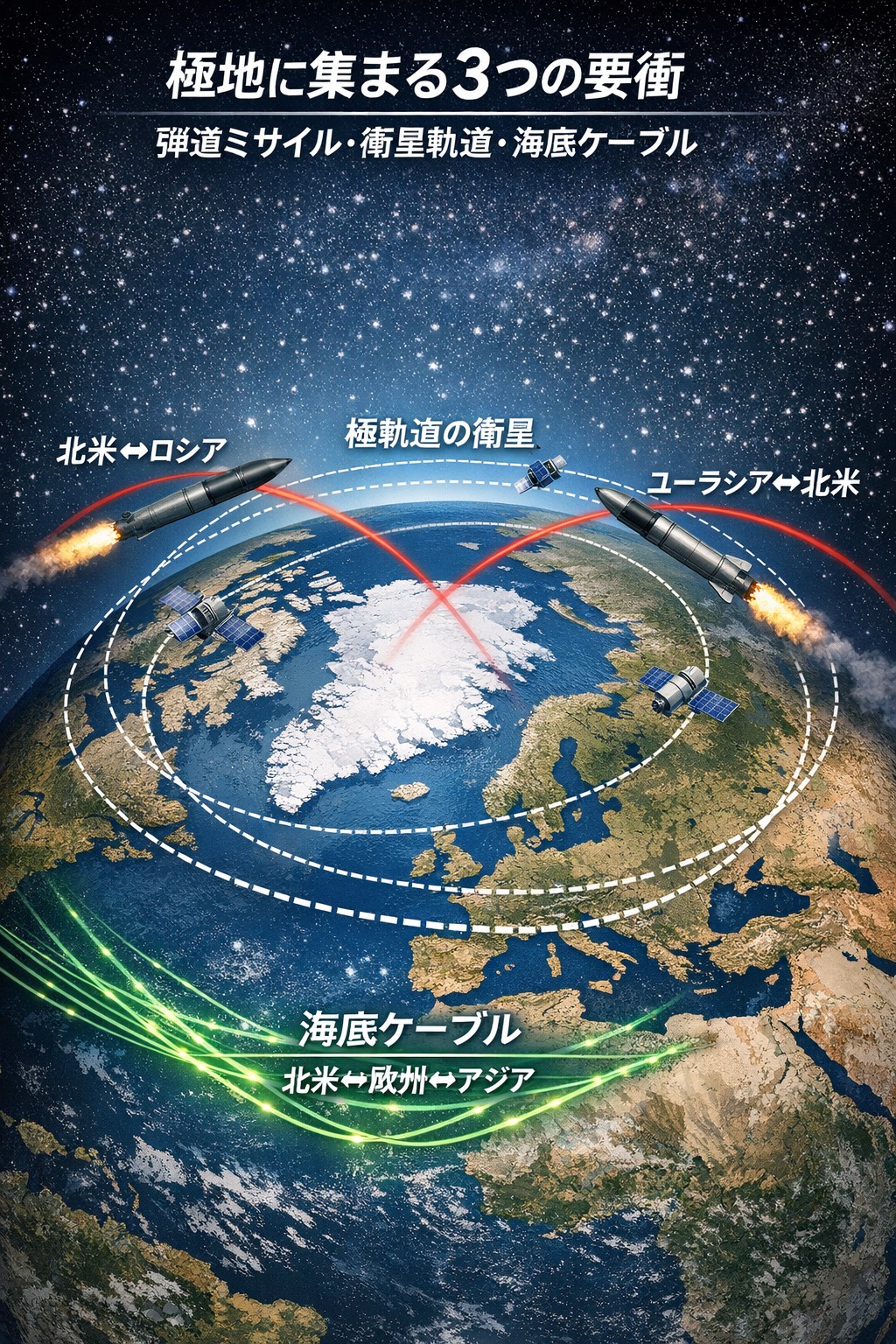 極地には様々な情報が集まる。これを監視できるグリーンランドの意味についての図表。AIで著者が作成