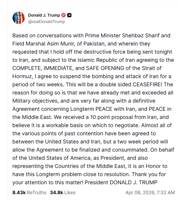 トランプ大統領　Apr 08, 2026, 7:32 AM　のSNS投稿より