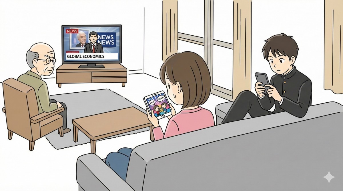 テレビニュースを見るおじいさんとスマホを見る現役世代をGeminiに描かせた画像