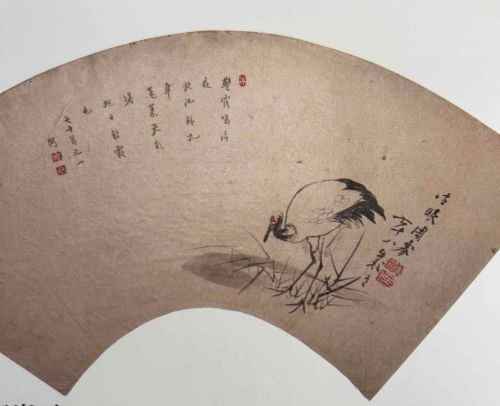 『寿鶴詩扇面』篠崎小竹賛、森周峯画