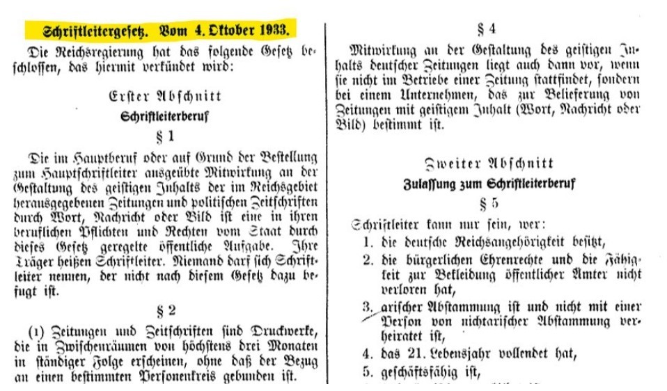 「編集者法」が掲載されている1933年10月7日の帝国官報の一部