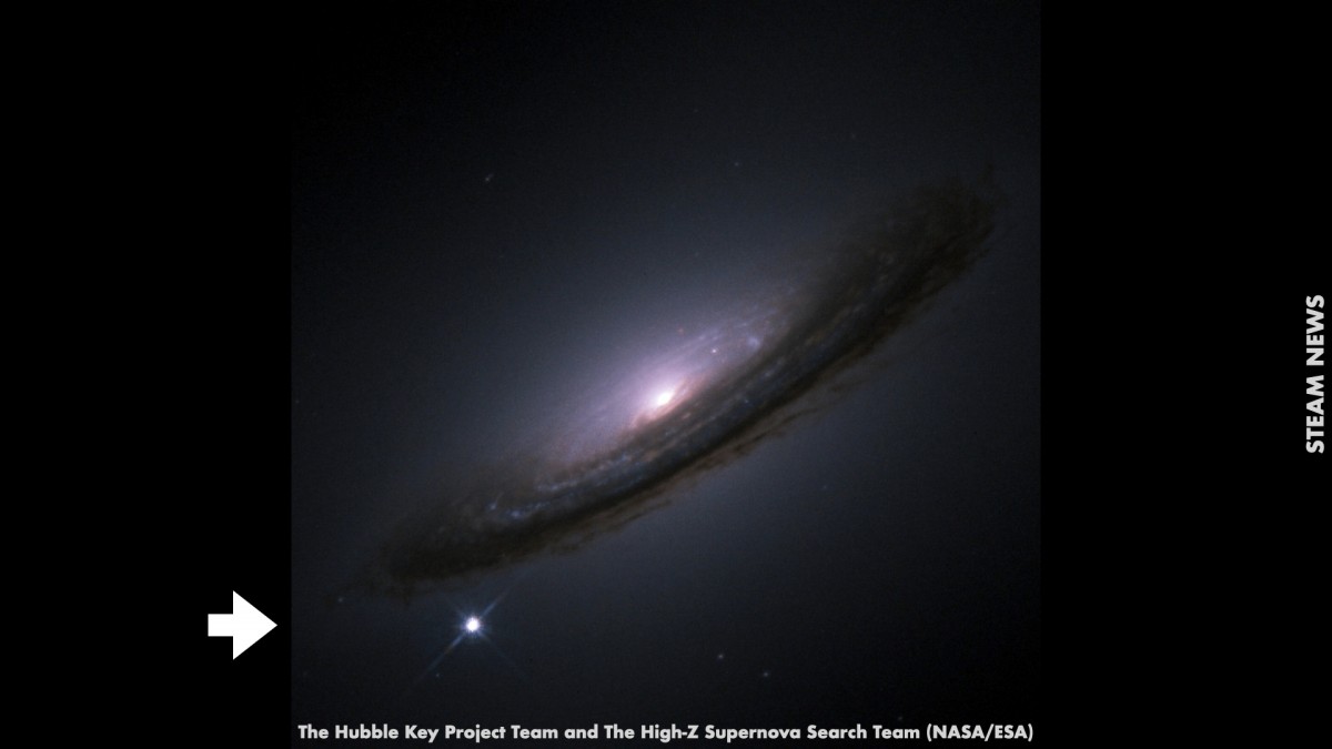 ダークエネルギー発見の契機となった超新星SN 1994D（矢印）