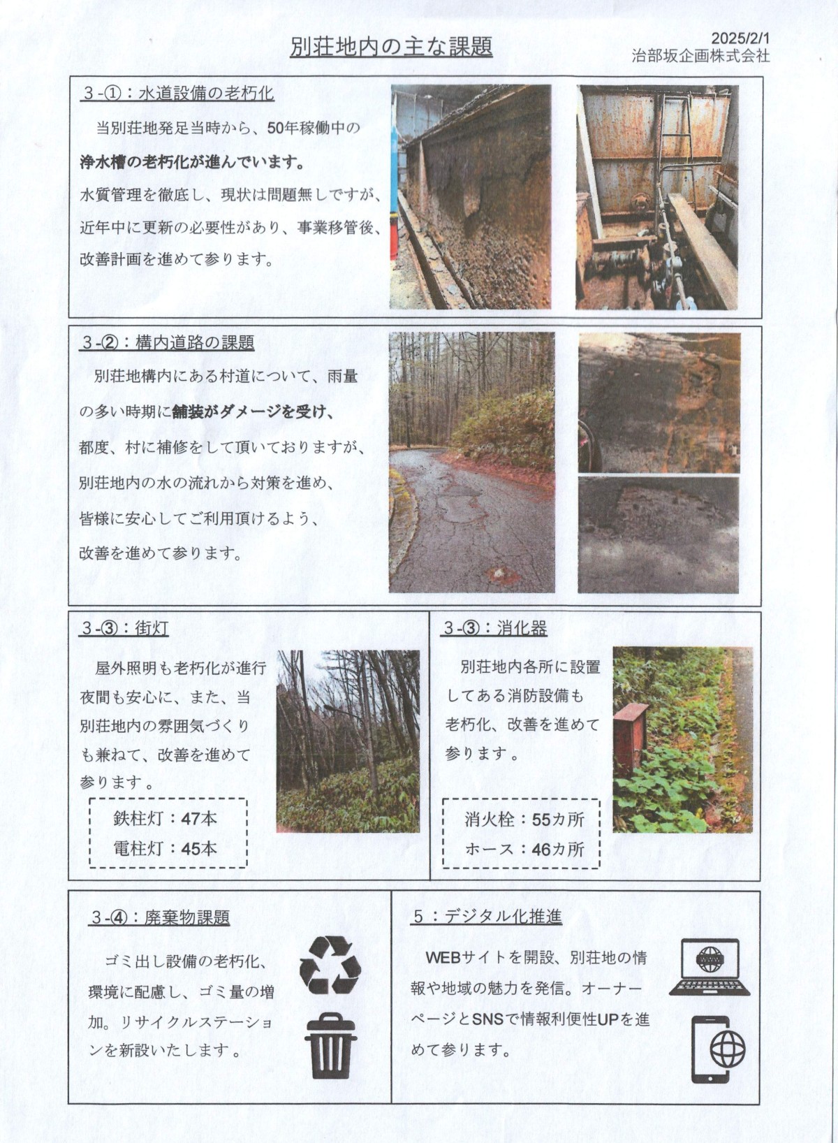 管理会社の変更に伴い、新管理会社である治部坂企画が各所有者に通達した「別荘地内の主な課題」。