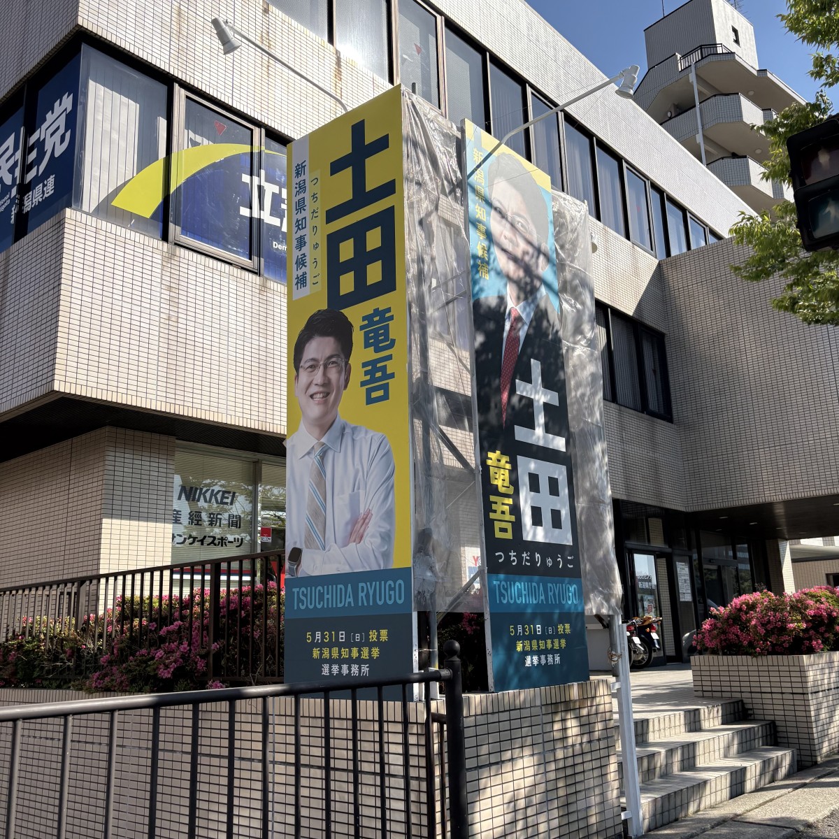 緑色のような青色のような、オシャレなシンボルカラー。なかなかない色なので、土田陣営の人は水色を使っていました。
