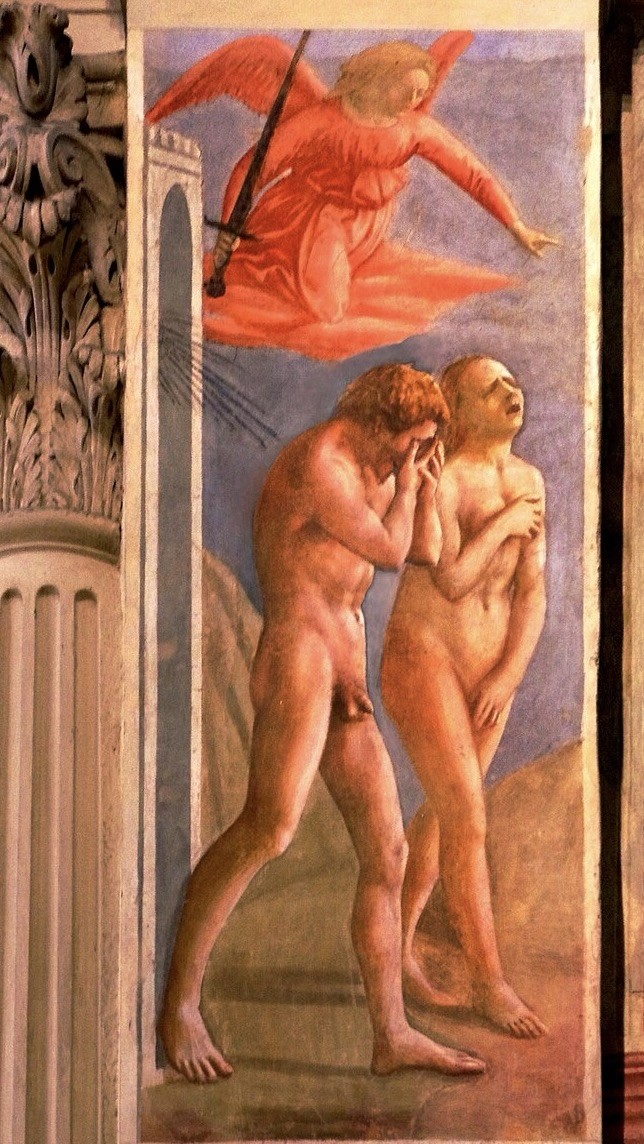 エデンの園から追放されるアダムとエヴァ　　フィレンツェのサンタ・マリア・デル・カルミネ教会にあるマザッチョの絵